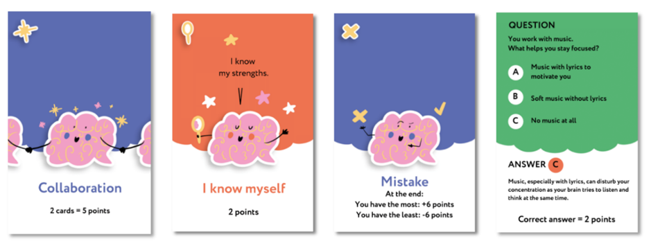 4 cards as an example: Collaboration, I know myself, Mistake and Question card